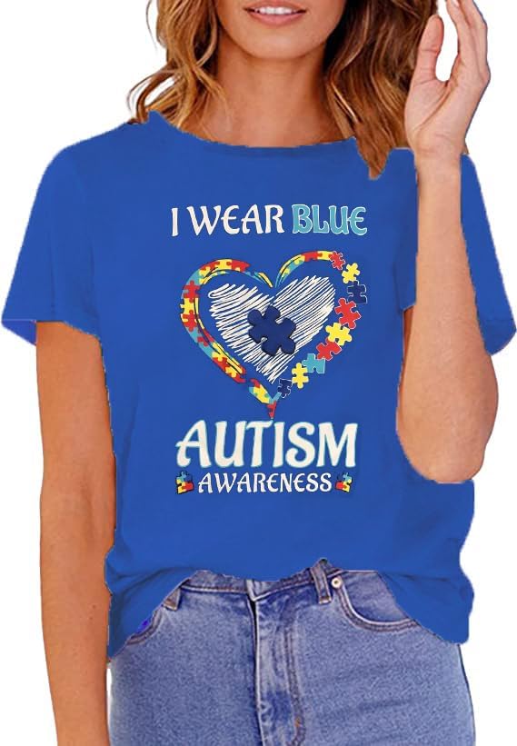 Women Autism Shirt We Wear Blue for Autism Awareness T-Shirt Accept Understand Love Lettter Print Inclusion Tees Tops