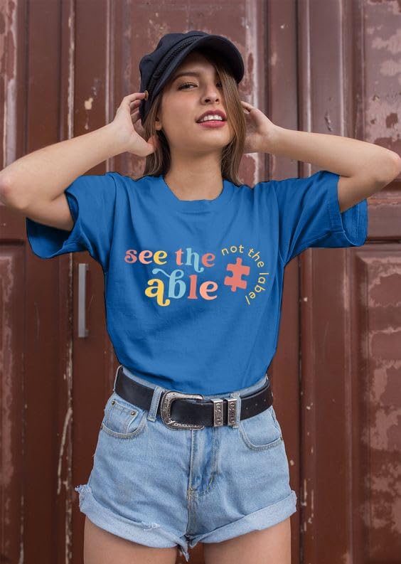 Autism Awareness Shirt Autistic Shirts: Women See The Able Not The Label Rainbow Tee Mental Health Support Short Sleeve Tops