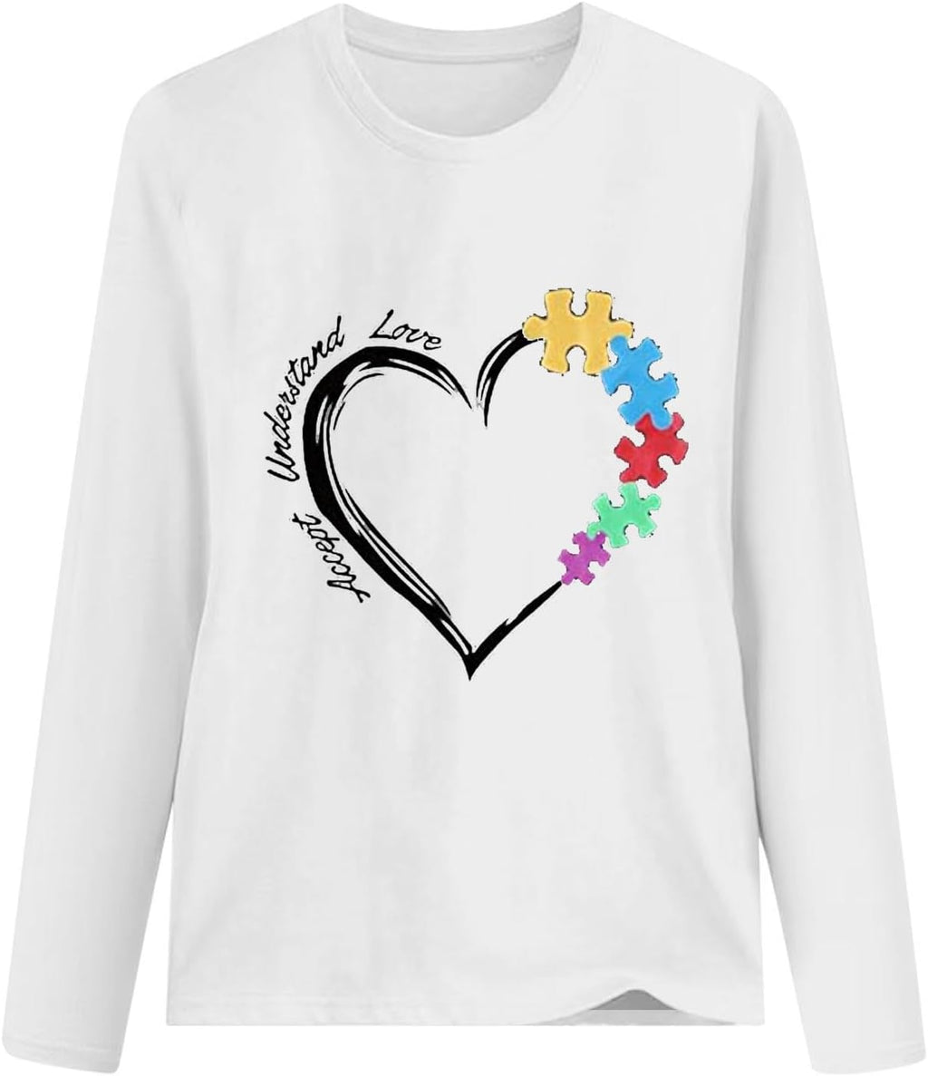 DASAYO Long Sleeve Shirts for Women Crew Neck Casual Blouses Autism Awareness Fashion Tops