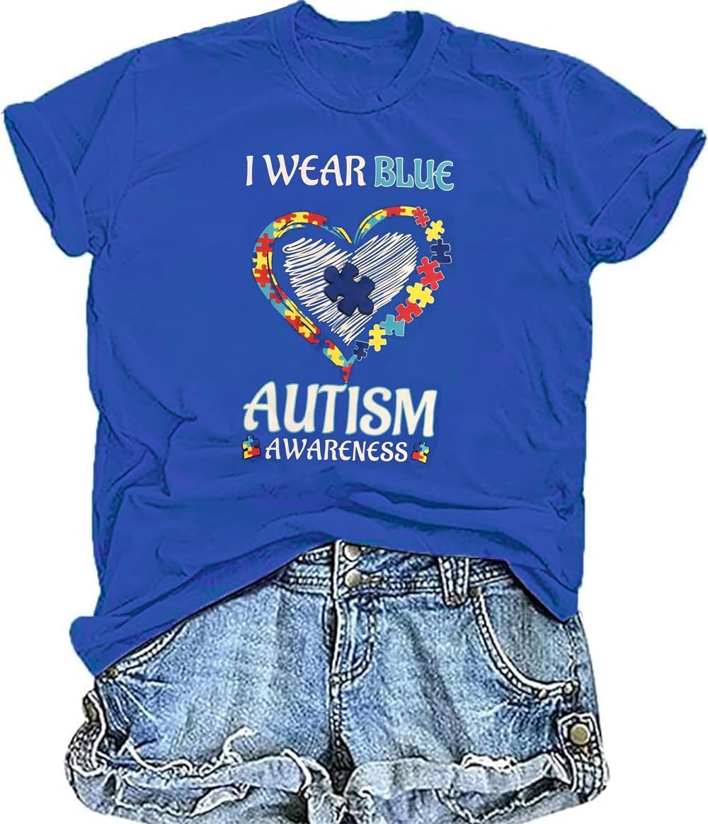 Women Autism Shirt We Wear Blue for Autism Awareness T-Shirt Accept Understand Love Lettter Print Inclusion Tees Tops