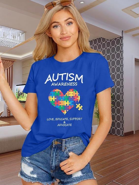 Women Autism Awareness Shirt Autistic Support Shirt Funny Letter Print Casual Mental Health Short Sleeve Shirt