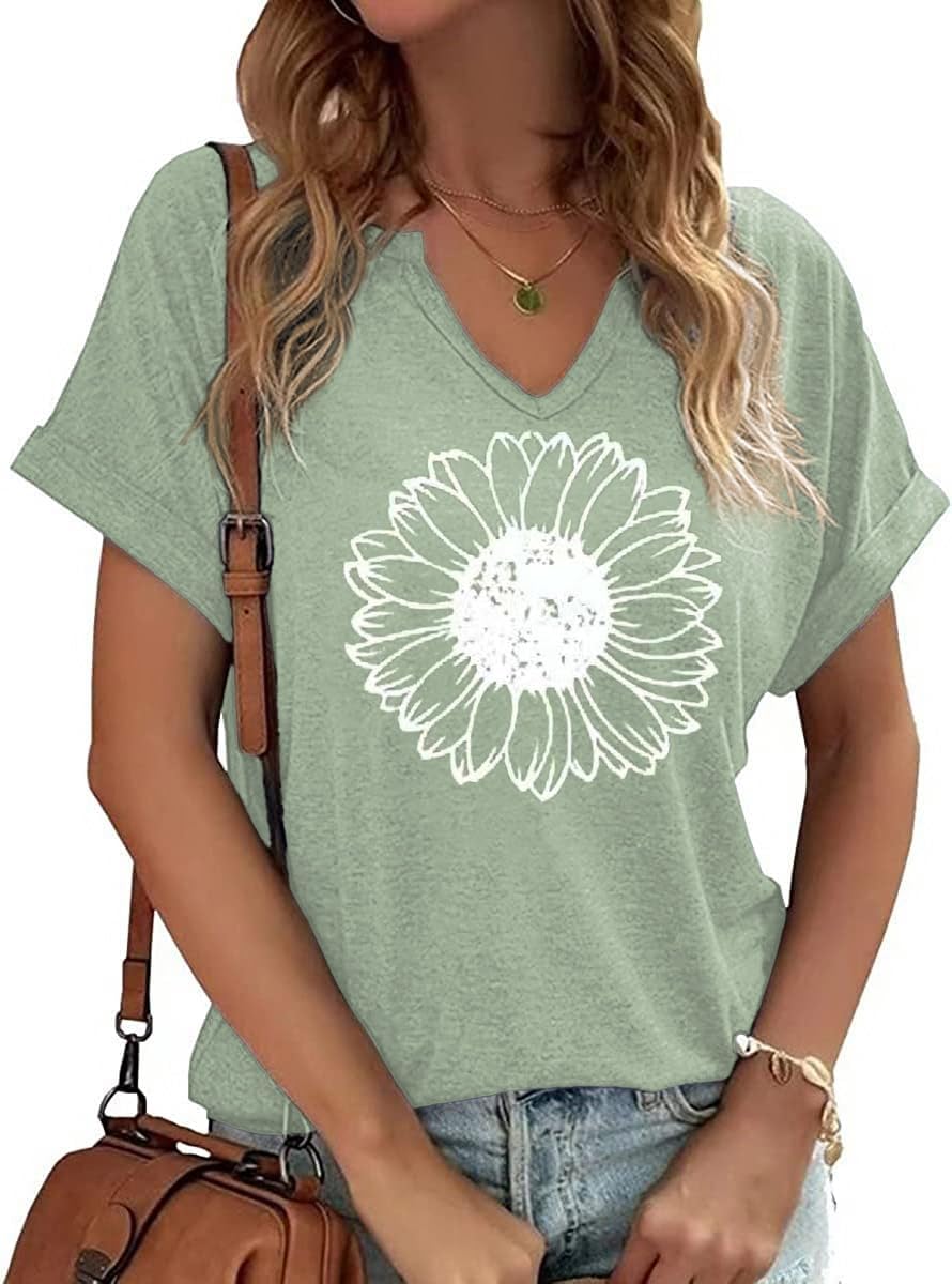 Women's Vintage Flowers Shirt Casual Boho Floral Printed T-Shirt Sunflower Wildflowers Graphic Tees Tops for Girl