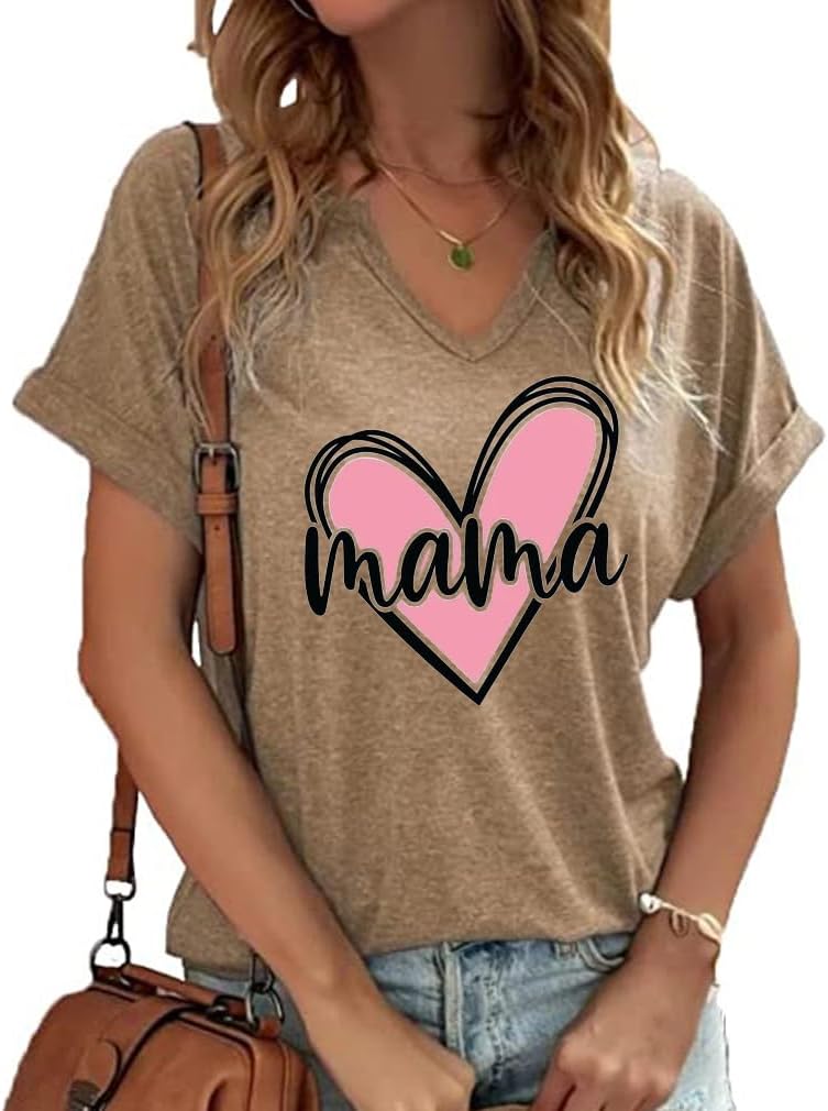 Mama Retro V Neck Shirts for Women Vintage Mama Mommy Mom Bruh Life T Shirts Mother's Day Tops Tee Gifts Mother Shirt
