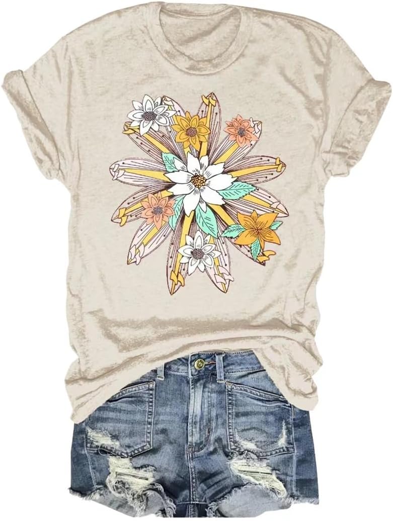 Women's Vintage Flowers Shirt Casual Boho Floral Printed T-Shirt Sunflower Wildflowers Graphic Tees Tops for Girl