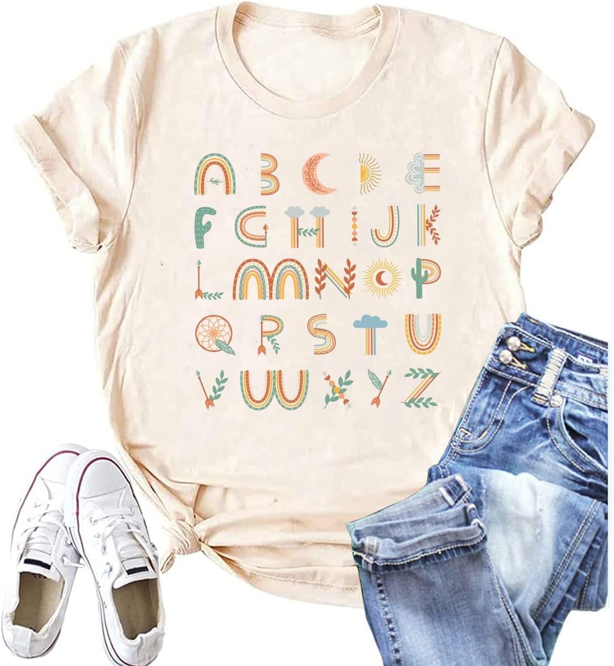 Teacher Shirt ABC Alphabet Elemeno Women Letter Print Graphic Tee Tops Teachers Gift Student T-Shirt Blouse