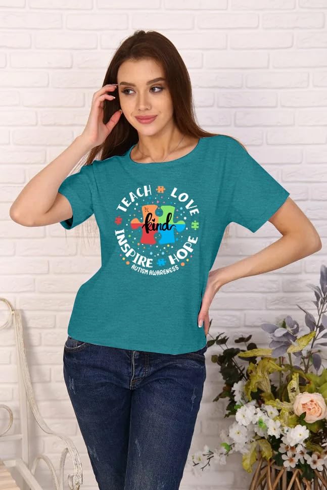 Womens Autism Awareness Teacher Shirts Be Kind T-Shirts Teach Hope Love Inspire Graphic Tees Tops