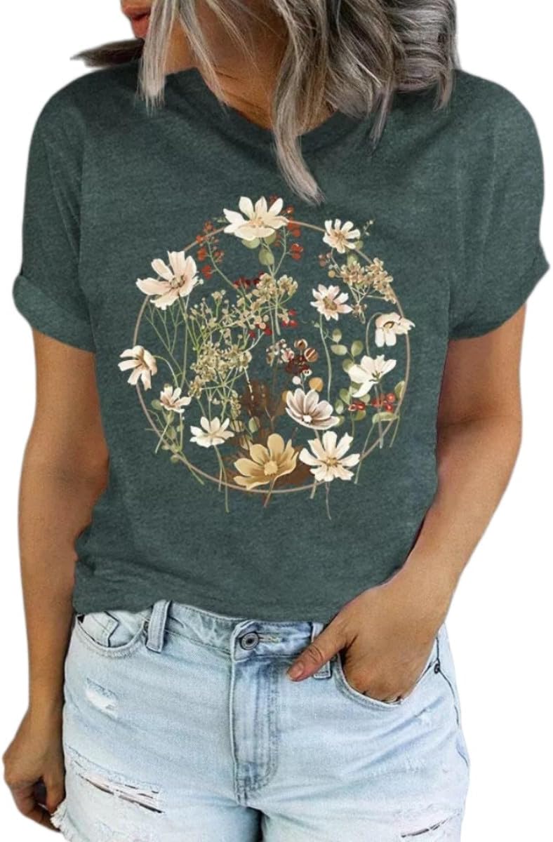 Women's Vintage Flowers Shirt Casual Boho Floral Printed T-Shirt Sunflower Wildflowers Graphic Tees Tops for Girl