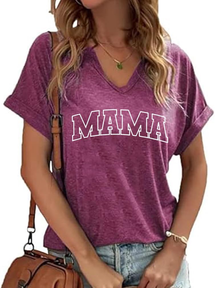Mama Retro V Neck Shirts for Women Vintage Mama Mommy Mom Bruh Life T Shirts Mother's Day Tops Tee Gifts Mother Shirt