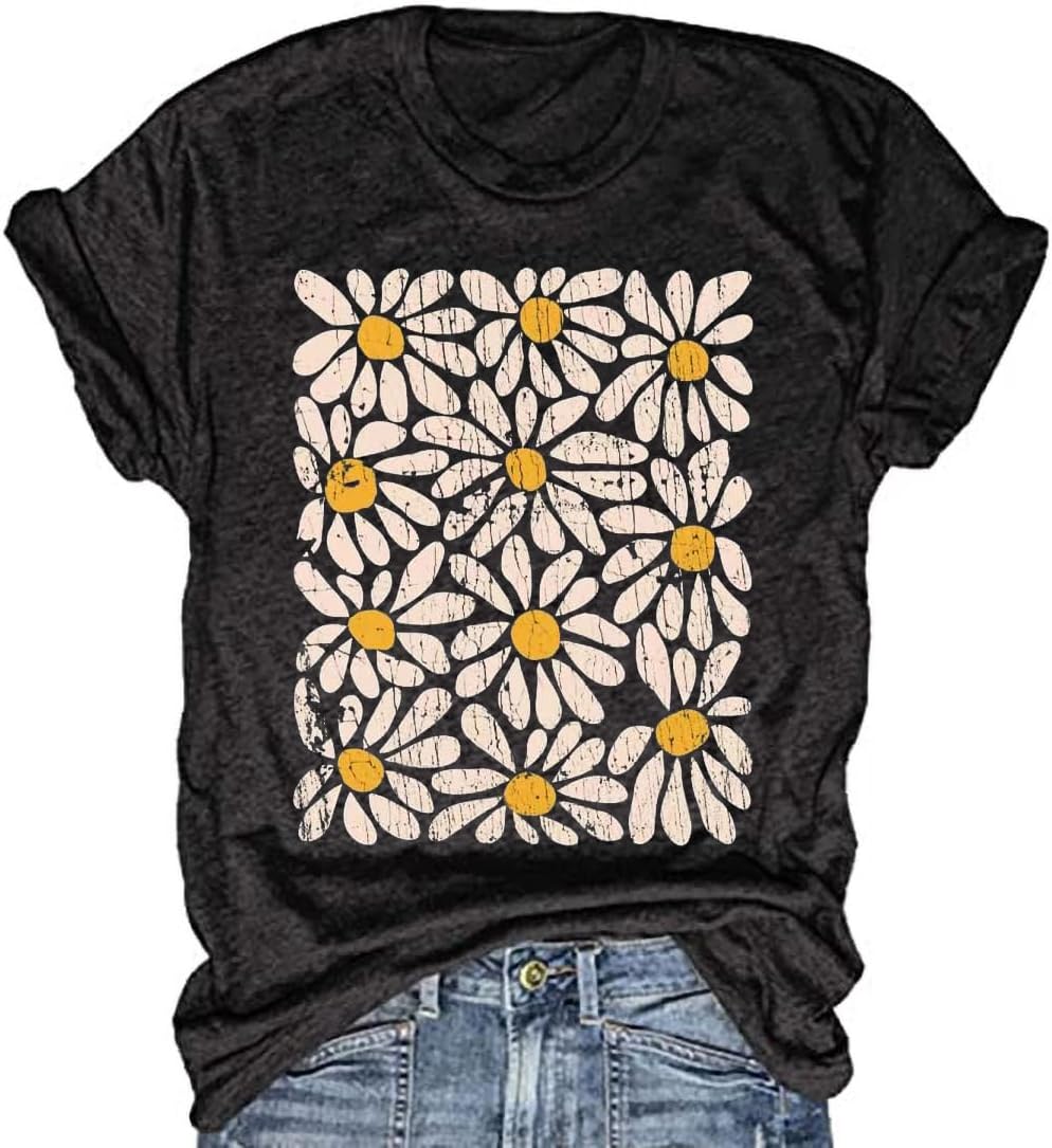 Women's Vintage Flowers Shirt Casual Boho Floral Printed T-Shirt Sunflower Wildflowers Graphic Tees Tops for Girl