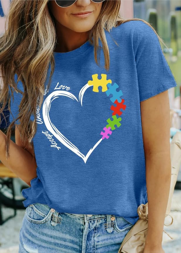 MAIHUN Autism Awareness Shirt for Women - Accept, Understand, Love Autism - Teacher Tshirt - Support Month Tee