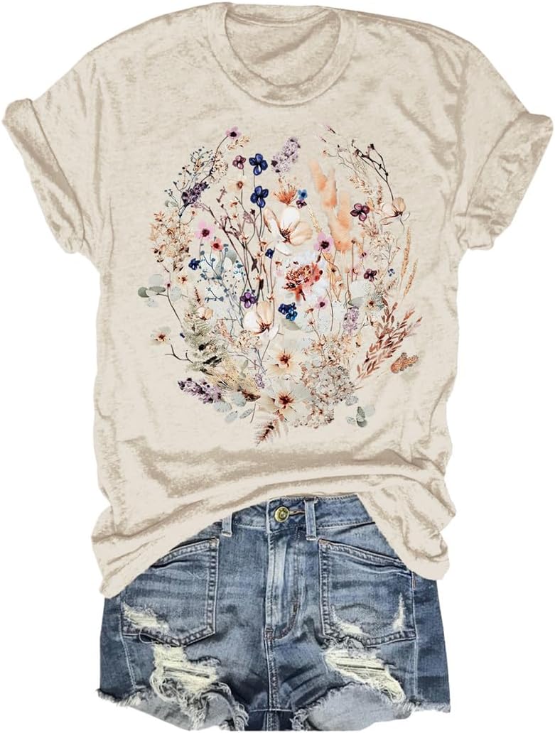 Women's Vintage Flowers Shirt Casual Boho Floral Printed T-Shirt Sunflower Wildflowers Graphic Tees Tops for Girl