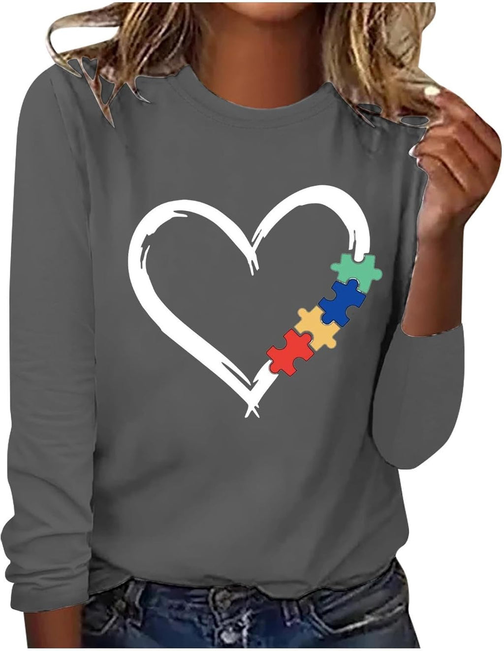 DASAYO Long Sleeve Shirts for Women Crew Neck Casual Blouses Autism Awareness Fashion Tops