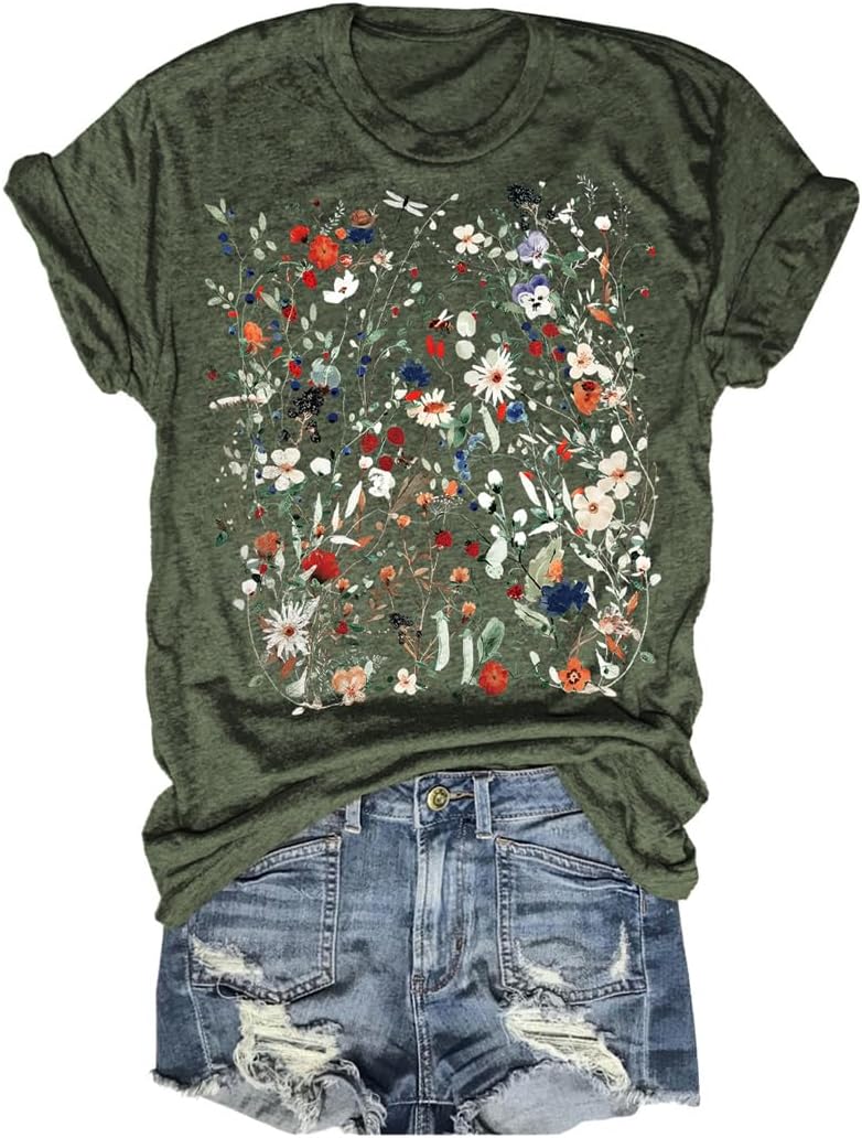 Women's Vintage Flowers Shirt Casual Boho Floral Printed T-Shirt Sunflower Wildflowers Graphic Tees Tops for Girl