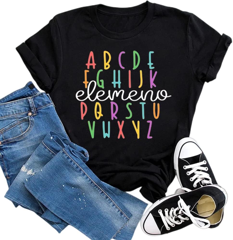 Teacher Shirt ABC Alphabet Elemeno Women Letter Print Graphic Tee Tops Teachers Gift Student T-Shirt Blouse