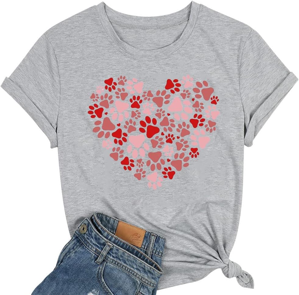 Dog Lovers Shirt for Women Cute Dog Paw Heart Graphic Shirt Dog Mom Valentine's Mother's Day Tops Spring Tee