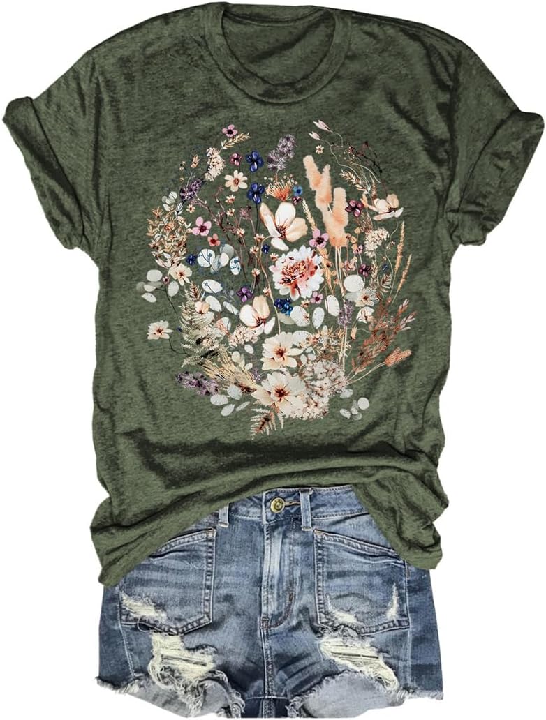 Women's Vintage Flowers Shirt Casual Boho Floral Printed T-Shirt Sunflower Wildflowers Graphic Tees Tops for Girl