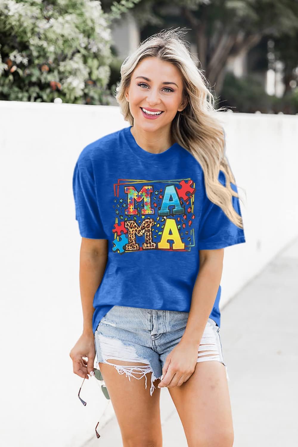 MOUSYA Autism Mama Shirt Autism Awareness T Shirt Puzzle Piece Bleached Graphic Tee Mental Health Short Sleeve Shirt