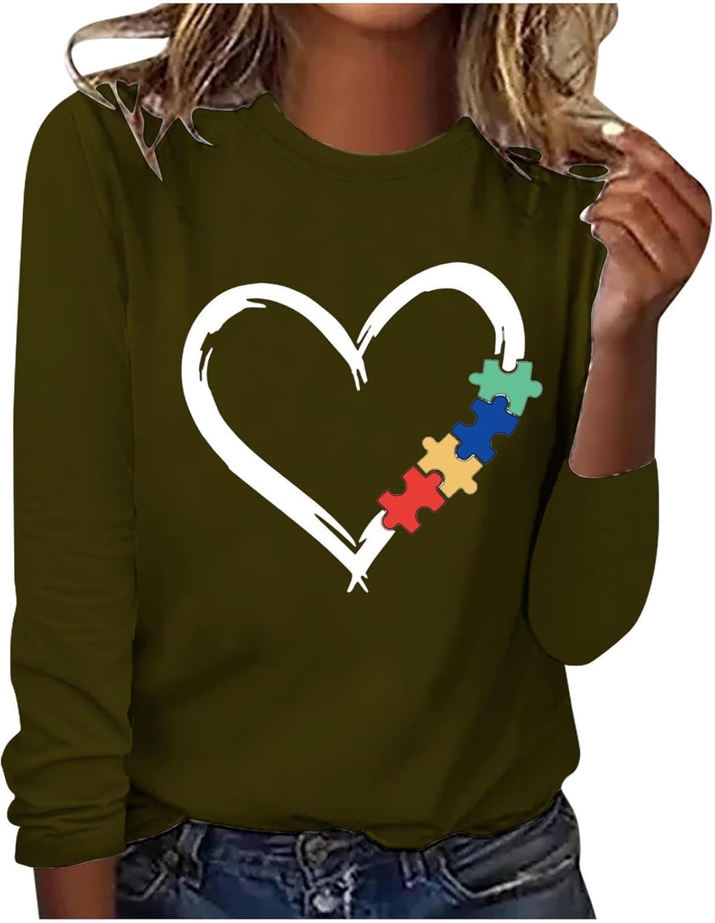 DASAYO Long Sleeve Shirts for Women Crew Neck Casual Blouses Autism Awareness Fashion Tops