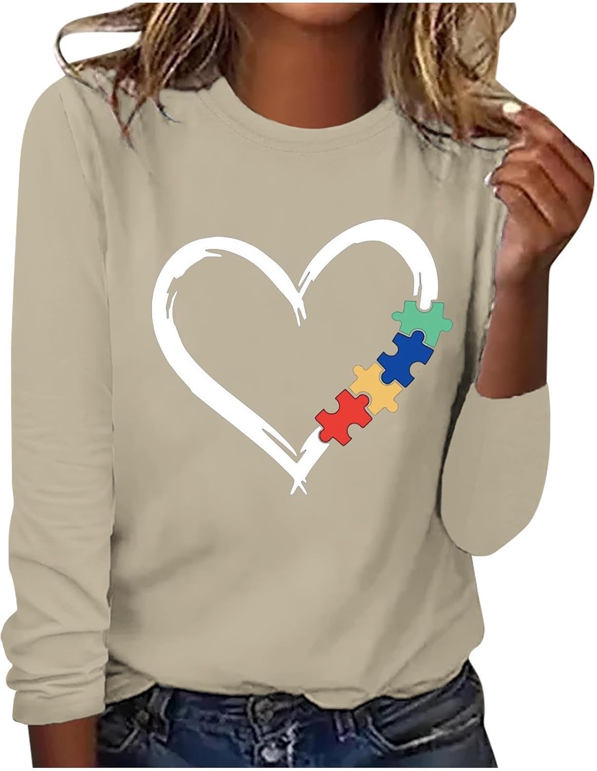 DASAYO Long Sleeve Shirts for Women Crew Neck Casual Blouses Autism Awareness Fashion Tops