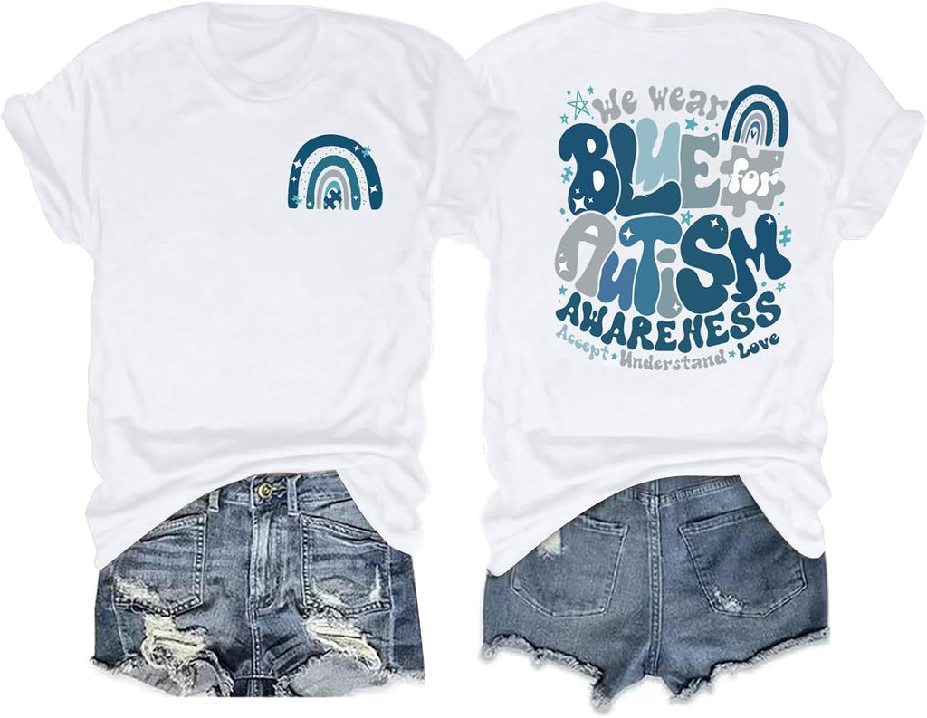 MNLYBABY Women Autism Awareness Shirt We Wear Blue for Autism Awareness T-Shirt Autism Support Blue Ribbon Tee Tops