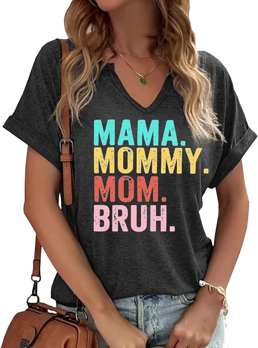 Mama V Neck Shirt Women Funny Mom Life T-Shirt Mother's Day Short Sleeve Graphic Tees Mama Gift Casual Tops Blouse Mother Shirt
