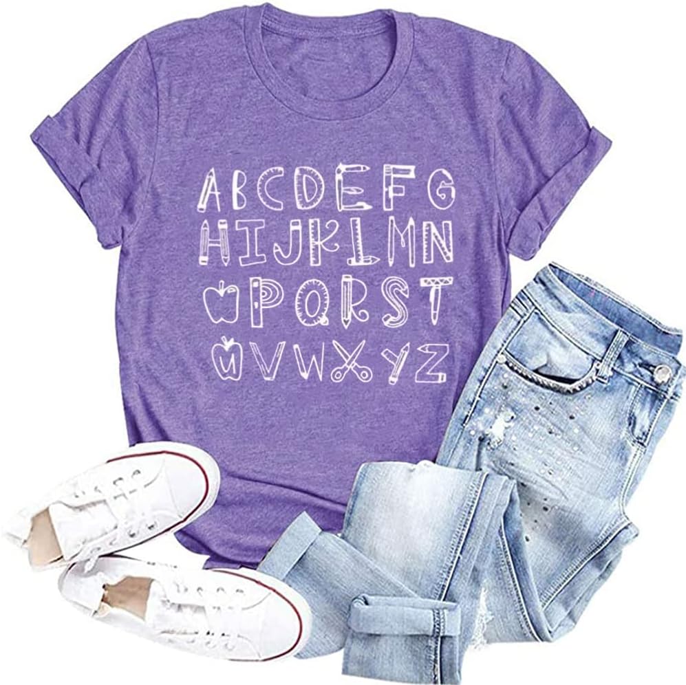 Teacher Shirt ABC Alphabet Elemeno Women Letter Print Graphic Tee Tops Teachers Gift Student T-Shirt Blouse