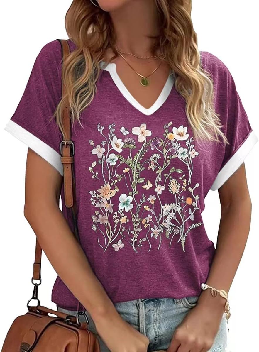 Women's Vintage Flowers Shirt Casual Boho Floral Printed T-Shirt Sunflower Wildflowers Graphic Tees Tops for Girl