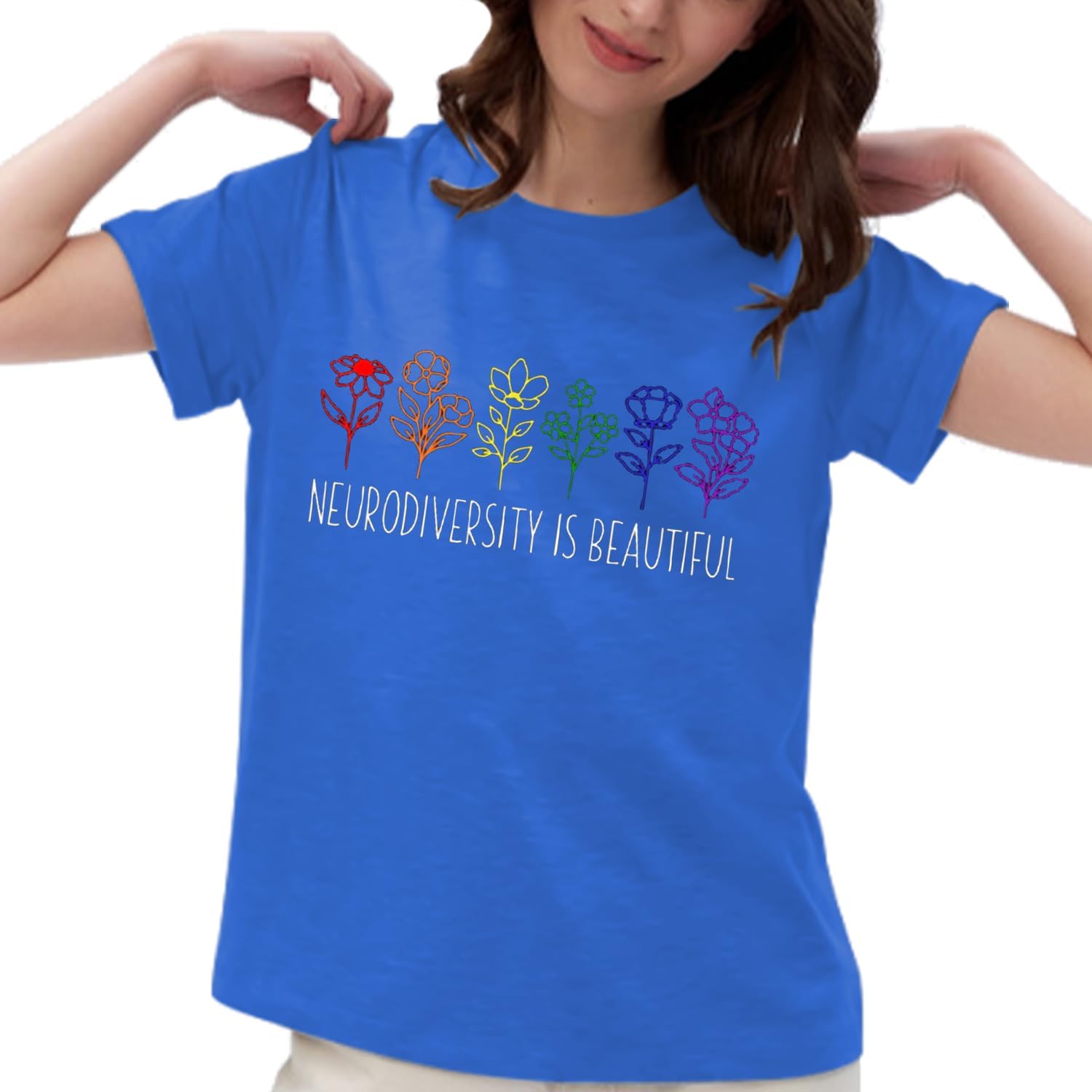 Autism Awareness Shirt Women Neurodiversity Rainbow Flower T-Shirts Special Education Teacher Gift Tee Tops