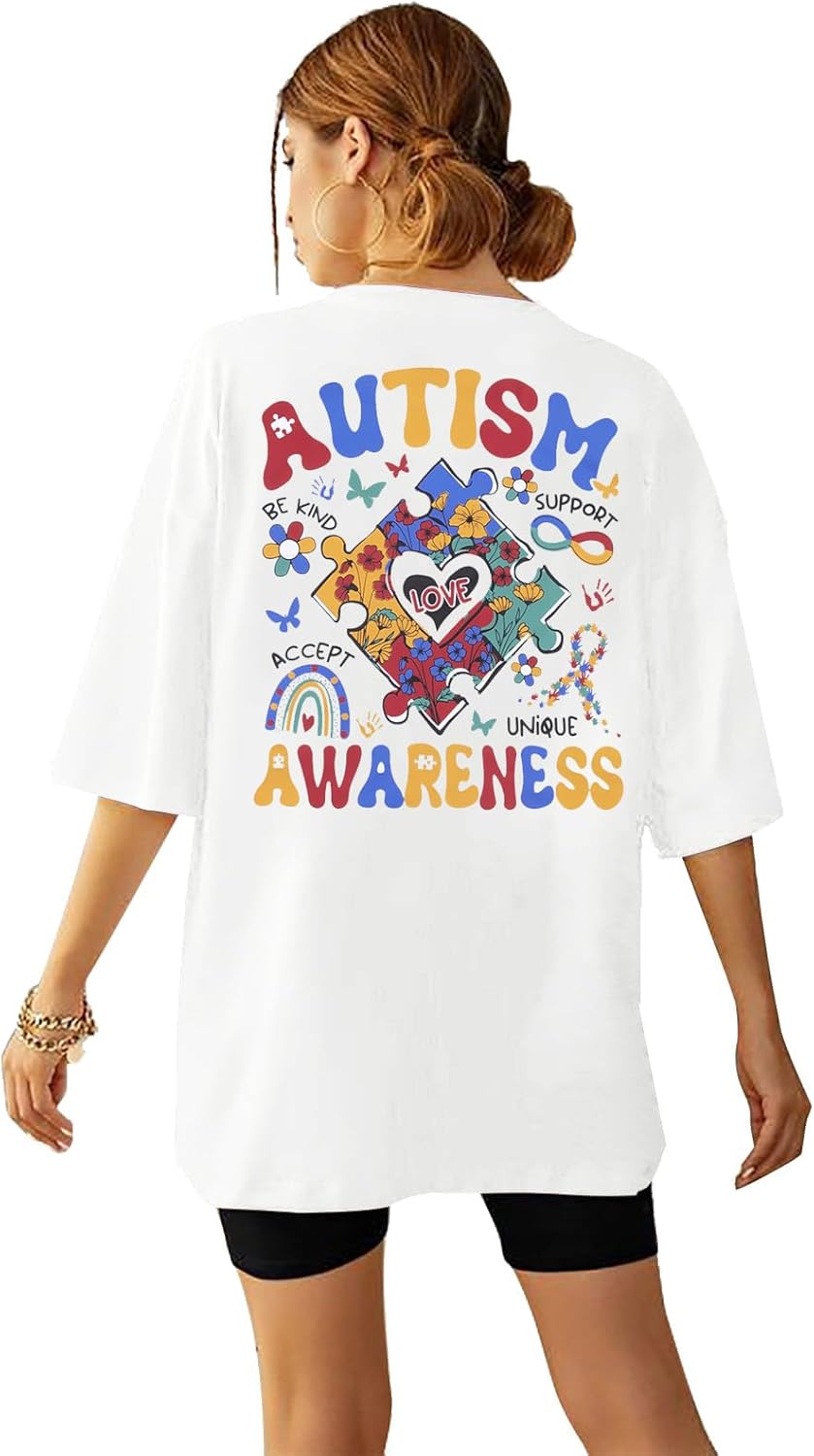 Autism Awareness Shirt Women Autism Mom Tshirt Accept Understand Love Tee Oversized Graphic Short Sleeve Tops