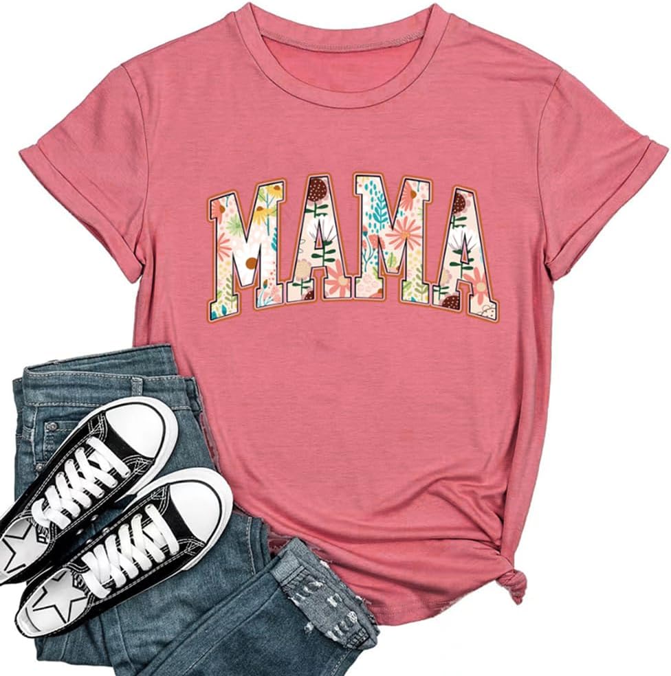 Mama Shirts for Women Retro Floral Mama Letter Printed Mother's Day Shirt Graphic Tshirt Mom Casual Tee Tops