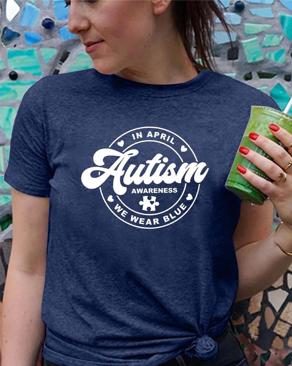 Autism Awareness Shirt for Women: in April We Wear Blue Shirts Mental Health Tee Inspirational Short Sleeve Tee Tops