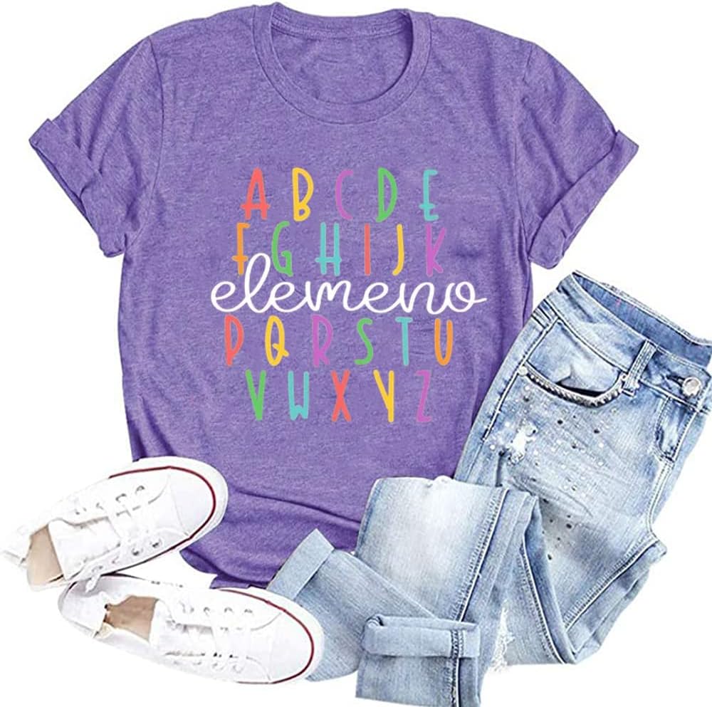 Teacher Shirt ABC Alphabet Elemeno Women Letter Print Graphic Tee Tops Teachers Gift Student T-Shirt Blouse