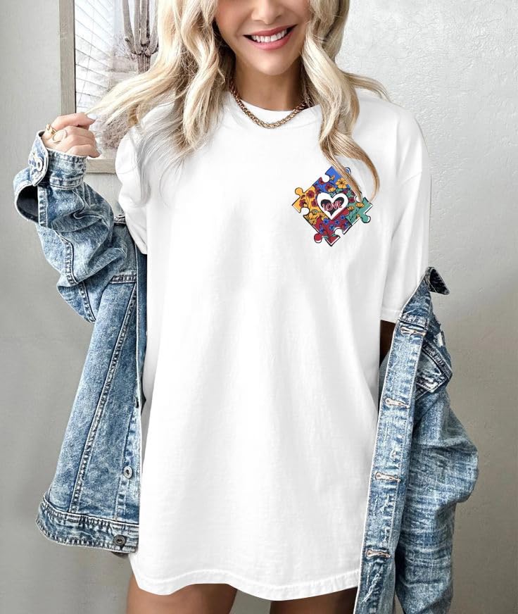 Autism Awareness Shirt Women Autism Mom Tshirt Accept Understand Love Tee Oversized Graphic Short Sleeve Tops