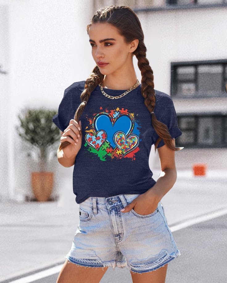 Autism Awareness Shirt Women Autistic Support Graphic T-Shirt Blue Heart Puzzle Inspirational Short Sleeve Tee Tops