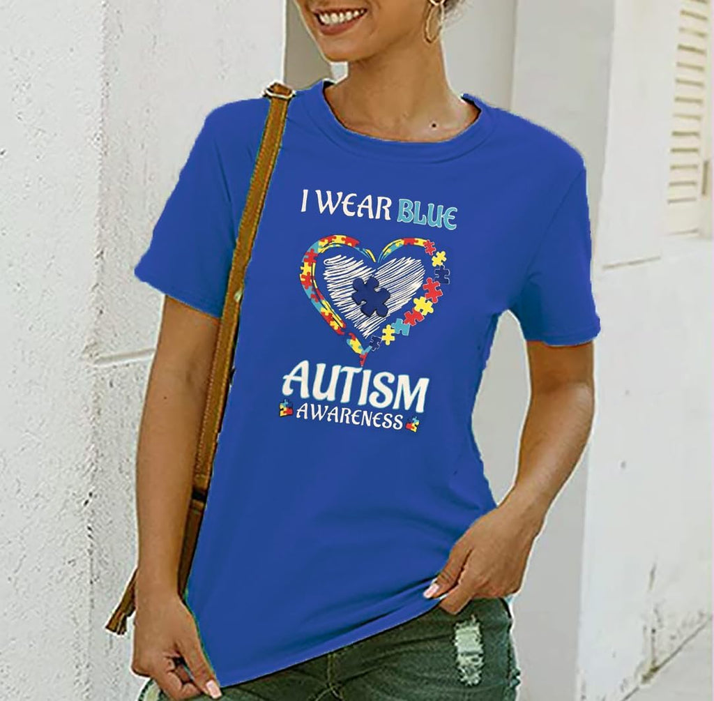 Women Autism Shirt We Wear Blue for Autism Awareness T-Shirt Accept Understand Love Lettter Print Inclusion Tees Tops