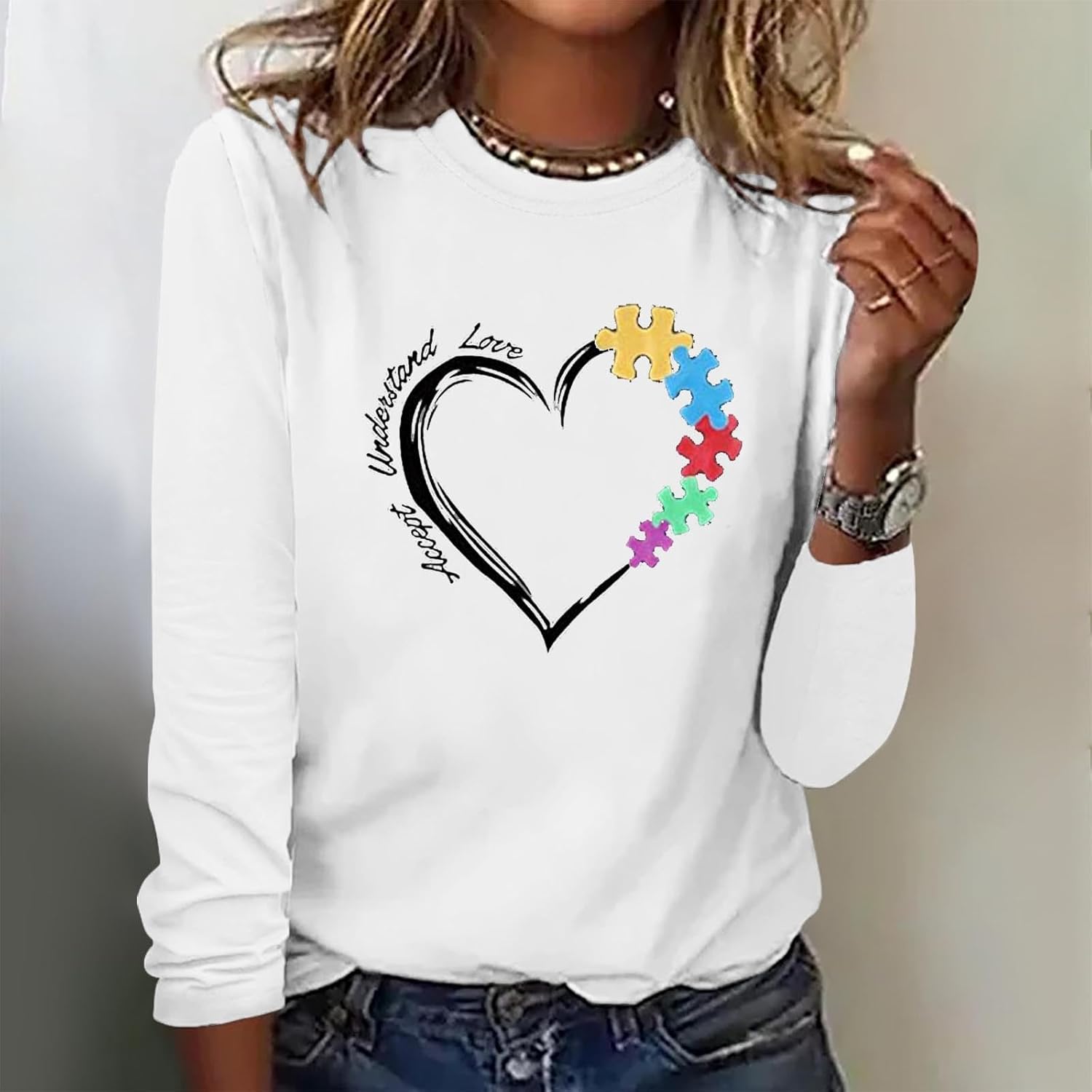 DASAYO Long Sleeve Shirts for Women Crew Neck Casual Blouses Autism Awareness Fashion Tops