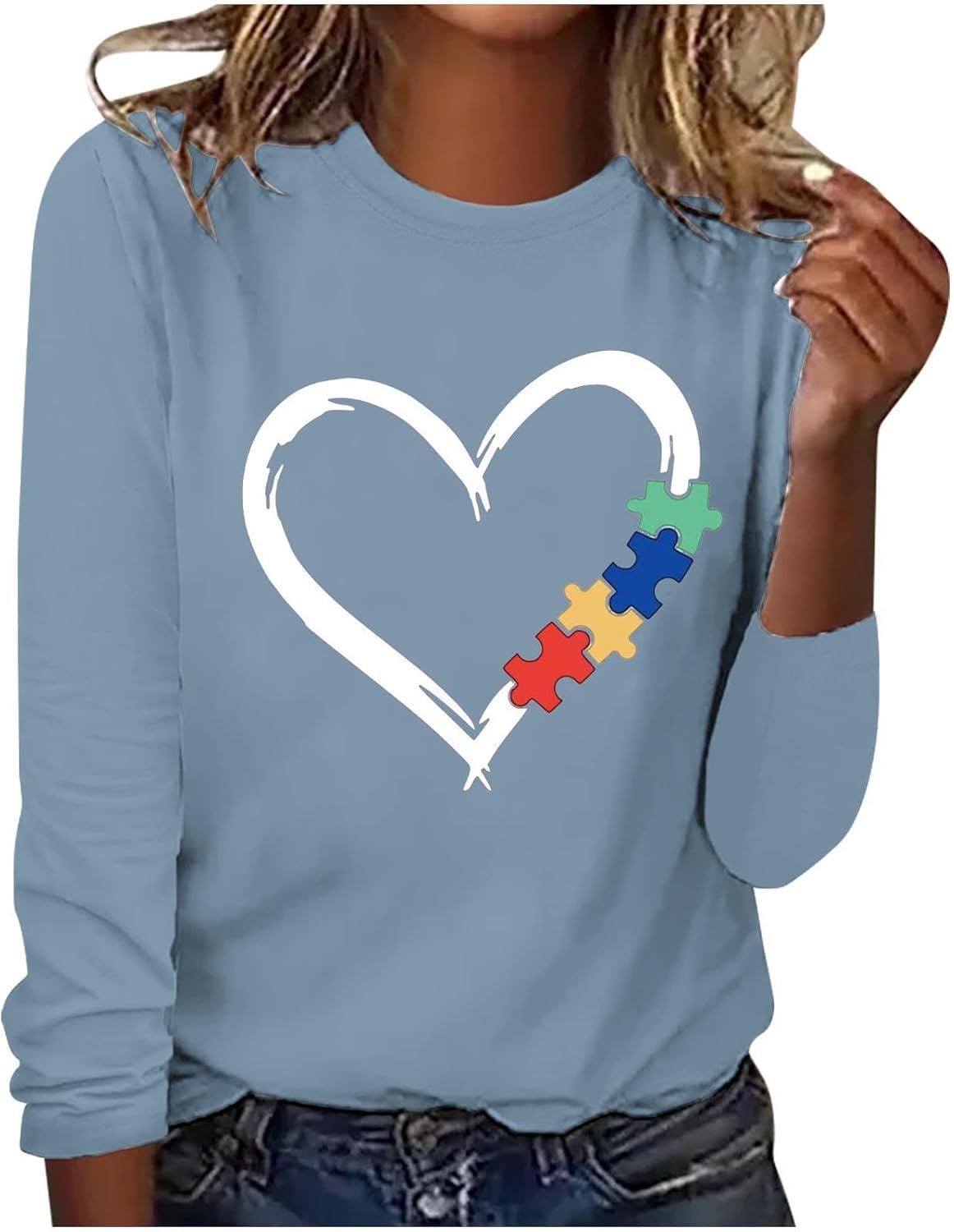 DASAYO Long Sleeve Shirts for Women Crew Neck Casual Blouses Autism Awareness Fashion Tops