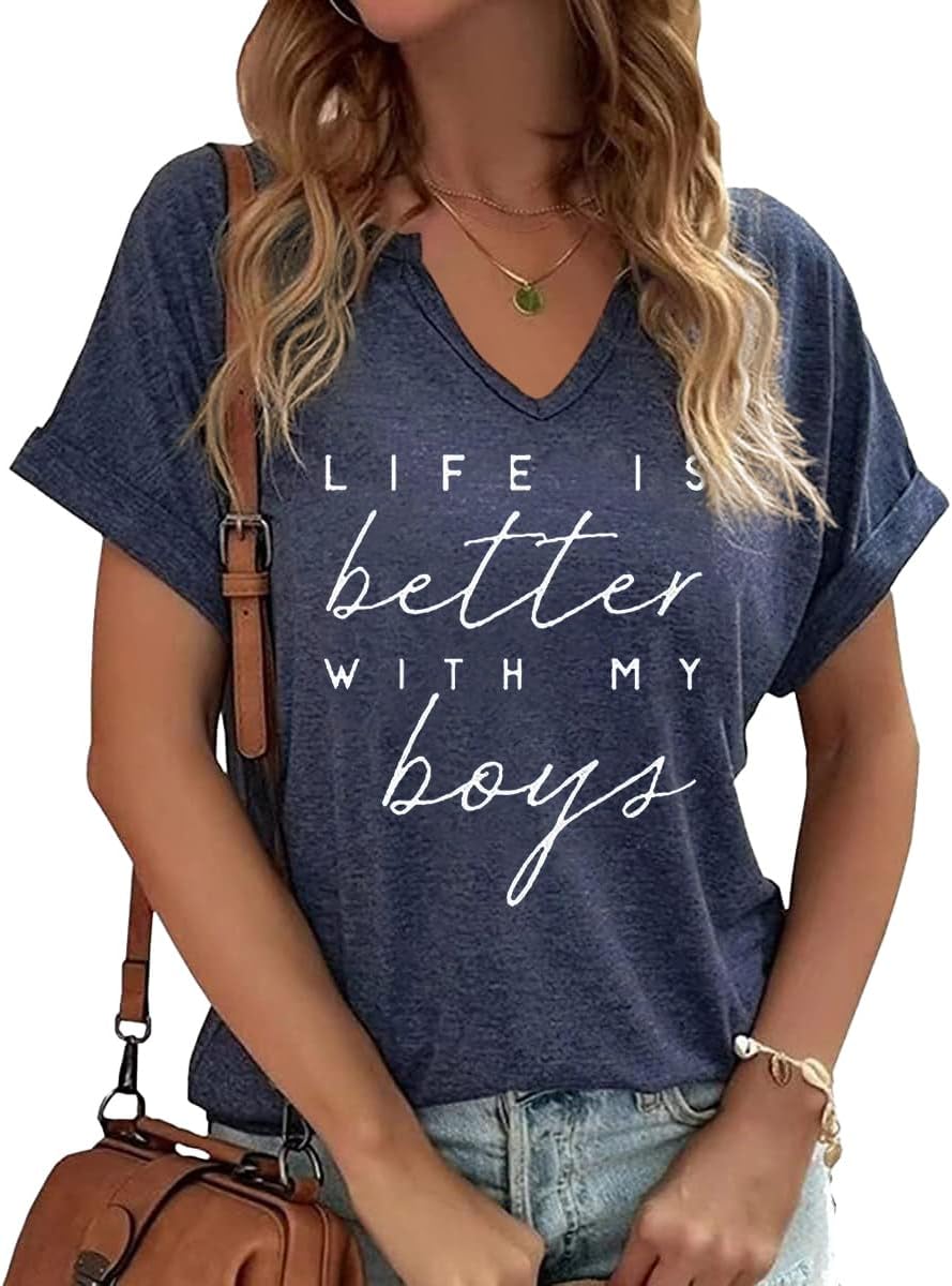 Mama V Neck Shirt Women Funny Mom Life T-Shirt Mother's Day Short Sleeve Graphic Tees Mama Gift Casual Tops Blouse Mother Shirt
