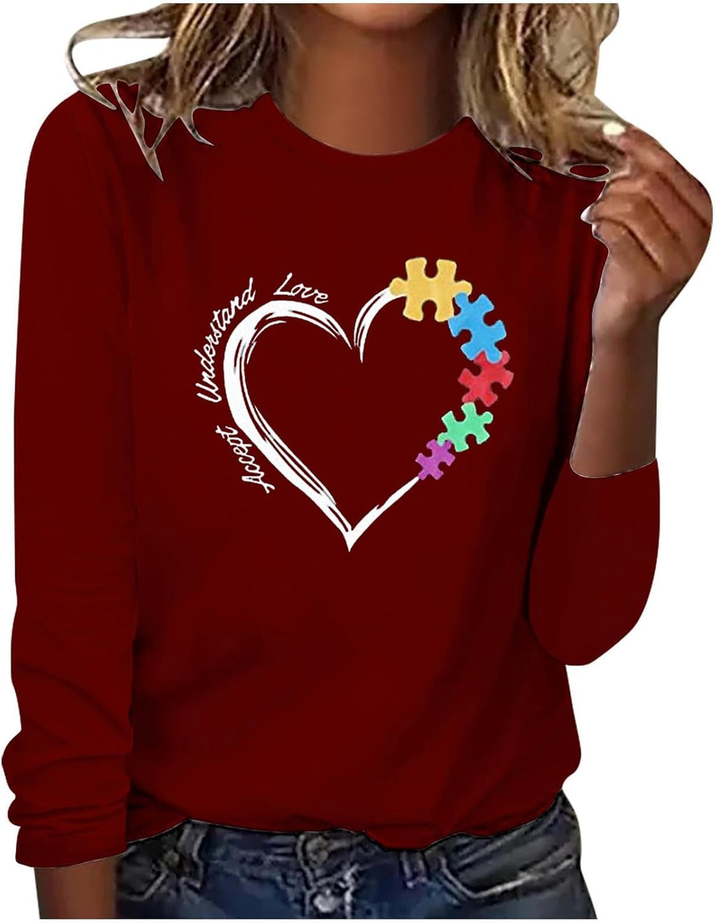 DASAYO Long Sleeve Shirts for Women Crew Neck Casual Blouses Autism Awareness Fashion Tops