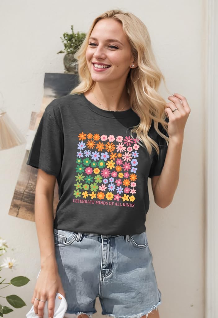 Ladicme Autism Awareness Shirt Women Autism Shirts Mom Autistic Acceptance T Shirt Mental Health Casual Tops Tee Outfit