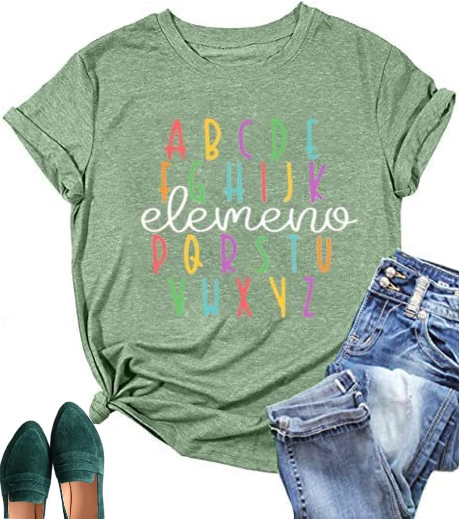Teacher Shirt ABC Alphabet Elemeno Women Letter Print Graphic Tee Tops Teachers Gift Student T-Shirt Blouse