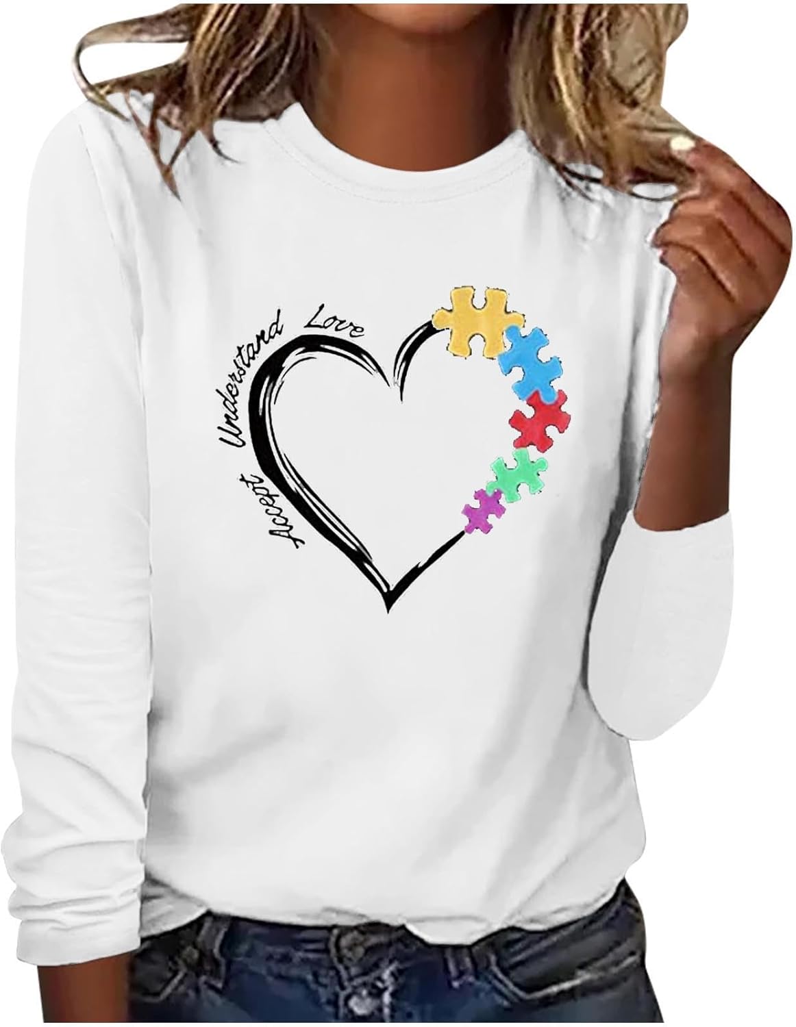 DASAYO Long Sleeve Shirts for Women Crew Neck Casual Blouses Autism Awareness Fashion Tops