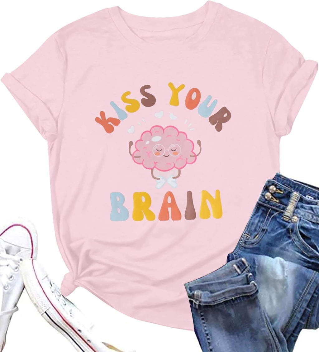 FLOYU Women Teacher Shirts Kiss Your Brain Teacher Shirt Special Education Teacher Tops Casual Teacher Life Clothes