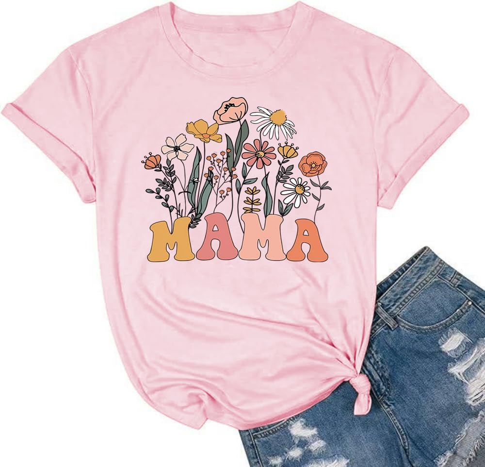 Mama Shirts for Women Retro Floral Mama Letter Printed Mother's Day Shirt Graphic Tshirt Mom Casual Tee Tops