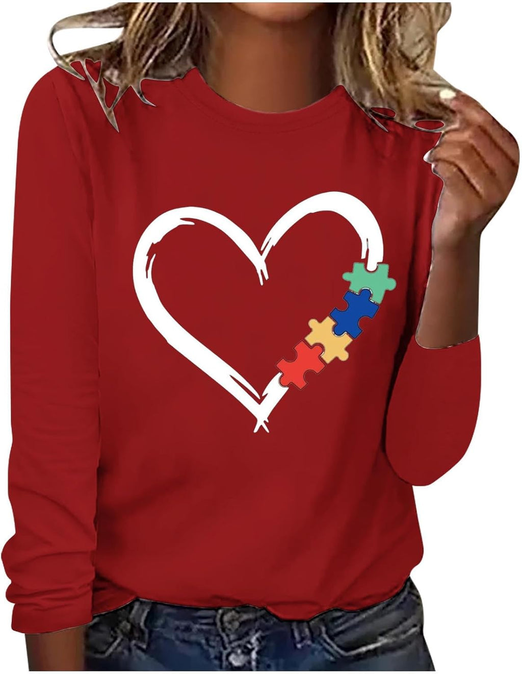 DASAYO Long Sleeve Shirts for Women Crew Neck Casual Blouses Autism Awareness Fashion Tops