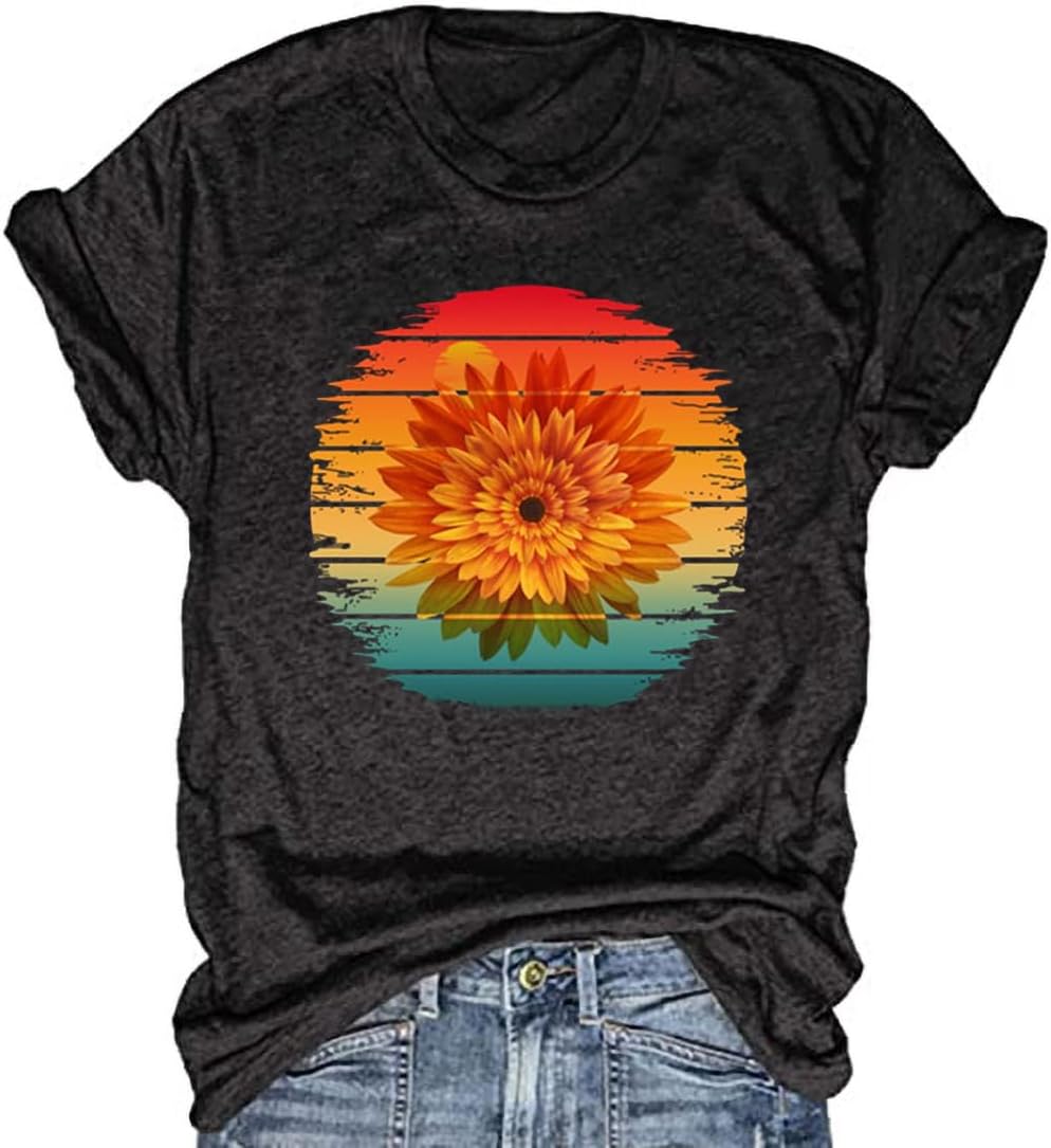 Women's Vintage Flowers Shirt Casual Boho Floral Printed T-Shirt Sunflower Wildflowers Graphic Tees Tops for Girl