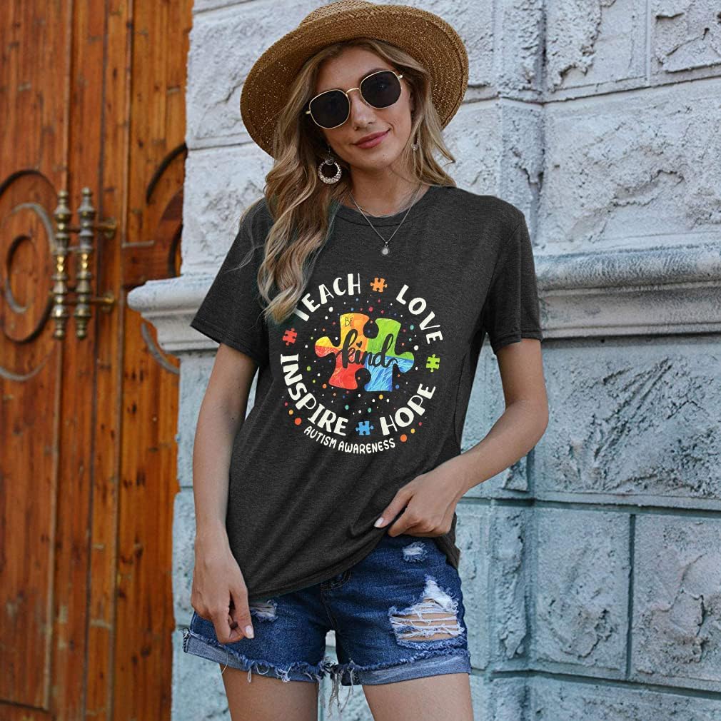 Autism Awareness Shirt Women Special Education Teacher T Shirt Short Sleeve Puzzle Piece Graphic Tee Tops