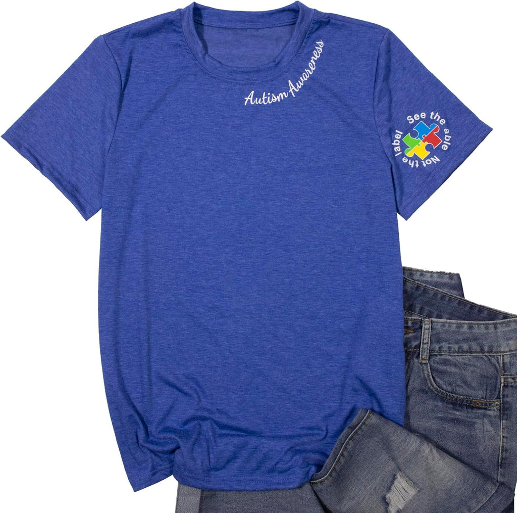 LOTUCY Autism Awareness Shirt Women Autism Support Teacher T-Shirt Special Education Short Sleeve Shirt