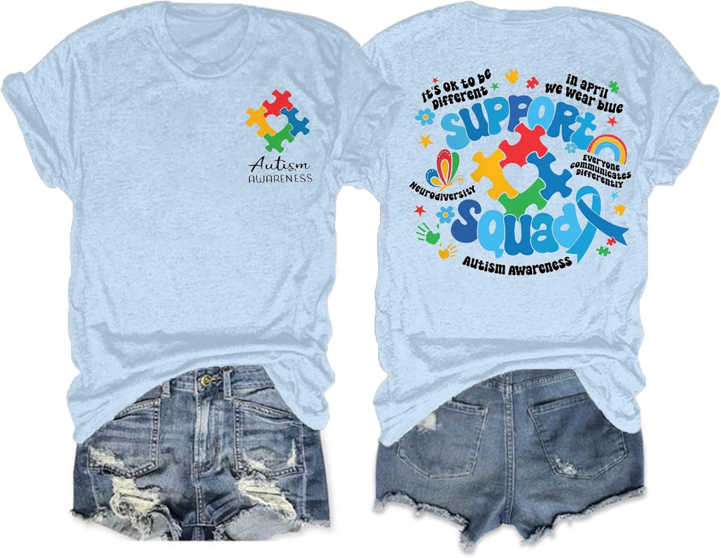 Autism Awareness Shirt Women in April We Wear Blue Shirts Special Education Teacher Shirt Autism Puzzle Short Sleeve Tops