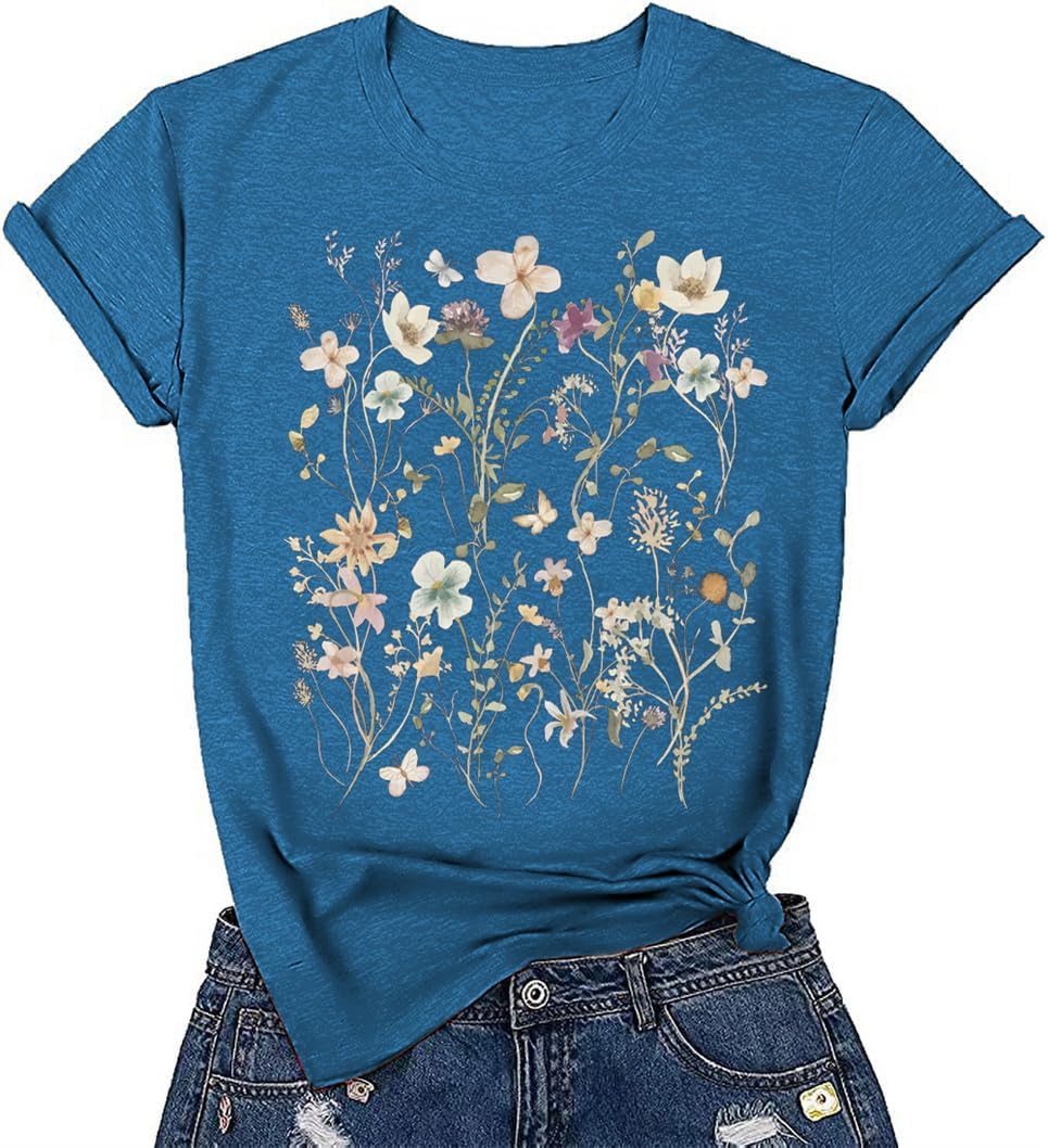 Women's Vintage Flowers Shirt Casual Boho Floral Printed T-Shirt Sunflower Wildflowers Graphic Tees Tops for Girl